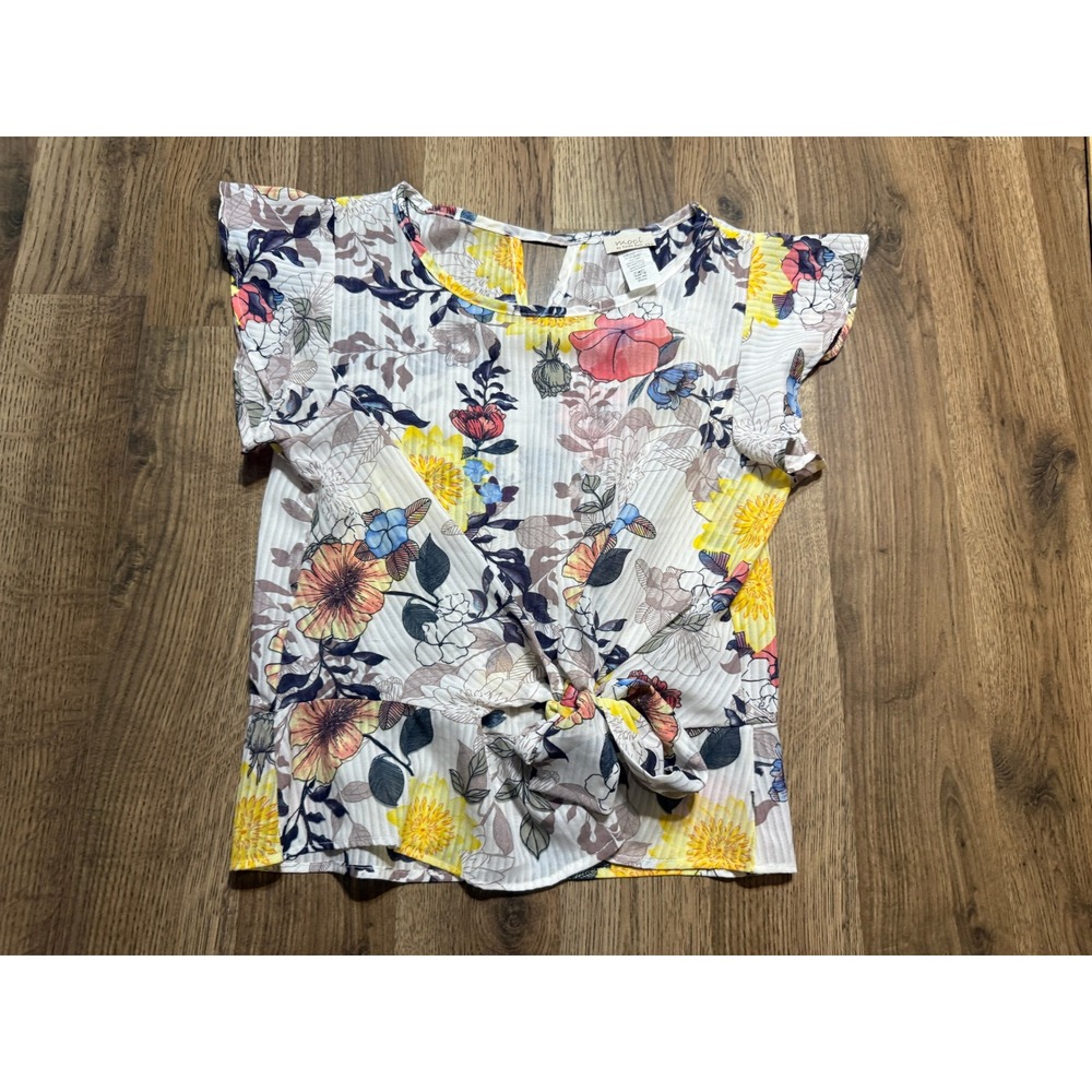 Moci by Purple Rain Blouse Women Small White Floral Adult Tie Front Flutter